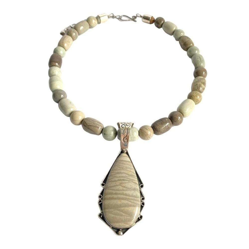 Jay King Mine Finds Necklace Gray Jasper Large Pendant Sterling Silver Beaded